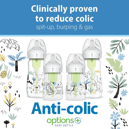 Dr. Brown's Anti-Colic Options + Wide-Neck Baby Bottle Designer Edition Dino Decos, 9oz/270mL, Level 1 Slow Flow Nipple, BPA-Free, 0m+, 2-Pack