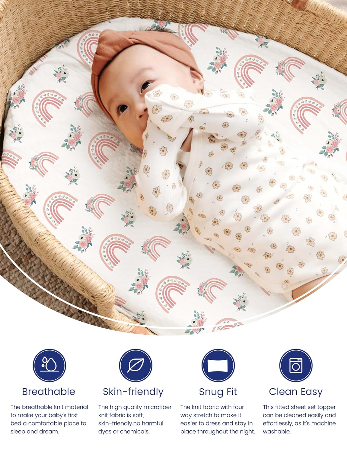 TotAha Premium Stretchy Bassinet Sheets for Baby Girl, Silky Comfort Cradle Sheets Fitted 18 x 36 for Oval, Rectangular, Hourglass Mattress, Hypoallergenic, Buttery Soft 2-Pack (Floral & Pale Pink)