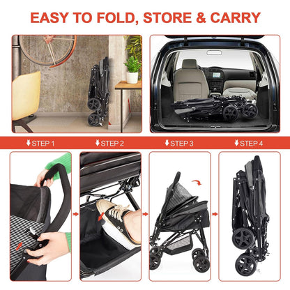 Lightweight Dog Stroller with Reversible Handle for Medium Small Dogs and Cats, Foldable Pet Stroller Travel Carriage with Large Storage Basket, 4 Wheels, Black