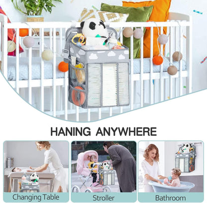 Baby Diaper Caddy Organizer with Cloud Print, Multi-Compartment Nursery Storage Bag with Adjustable Straps, Portable Diaper Stacker for Stroller, Car, Travel, Nursery (Grey)
