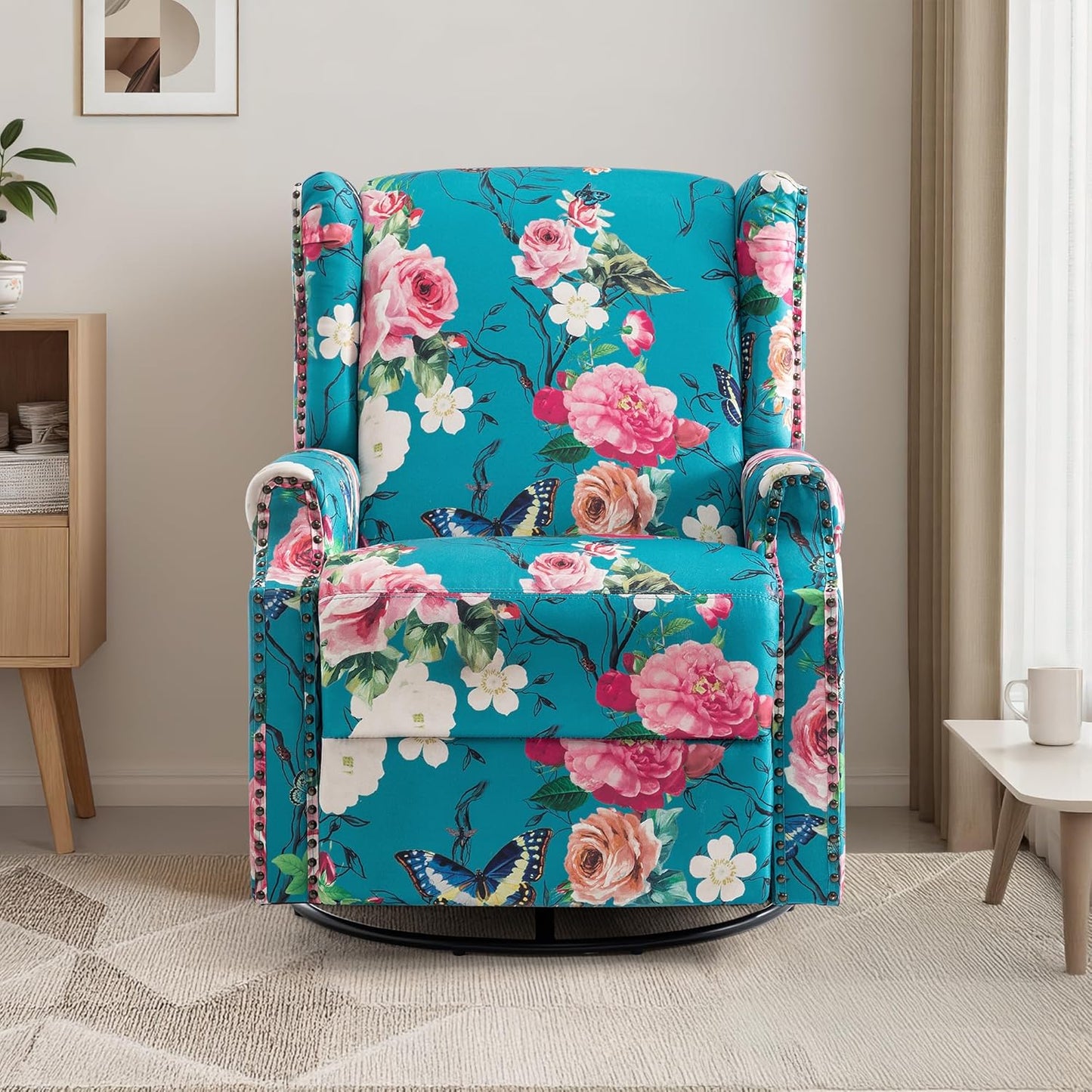 Swivel Rocker Recliner Chair, Manual Nursery Glider Recliner, Floral Fabric Wingback Accent Chair with Adjustable Backrest & Footrest for Small Spaces Living Room Bedroom (Plants Floral, Set of 1)