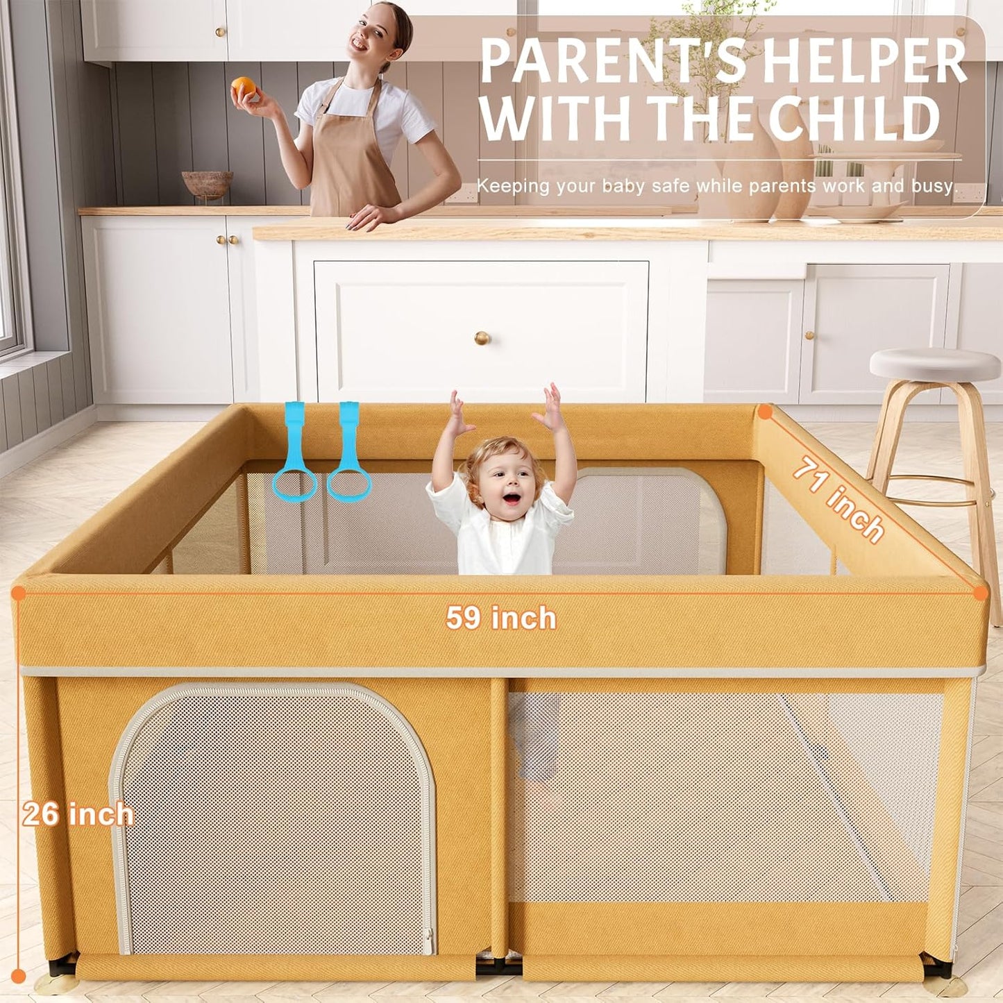 Omzer Baby Playpen with Mat 71"×59" - Extra Large Playpen for Babies and Toddlers with Mat Included, Safety Playard for Baby with Gate, All-Wrapped Soft Sponge Baby Gate Playpen with Stable Mat Velcro