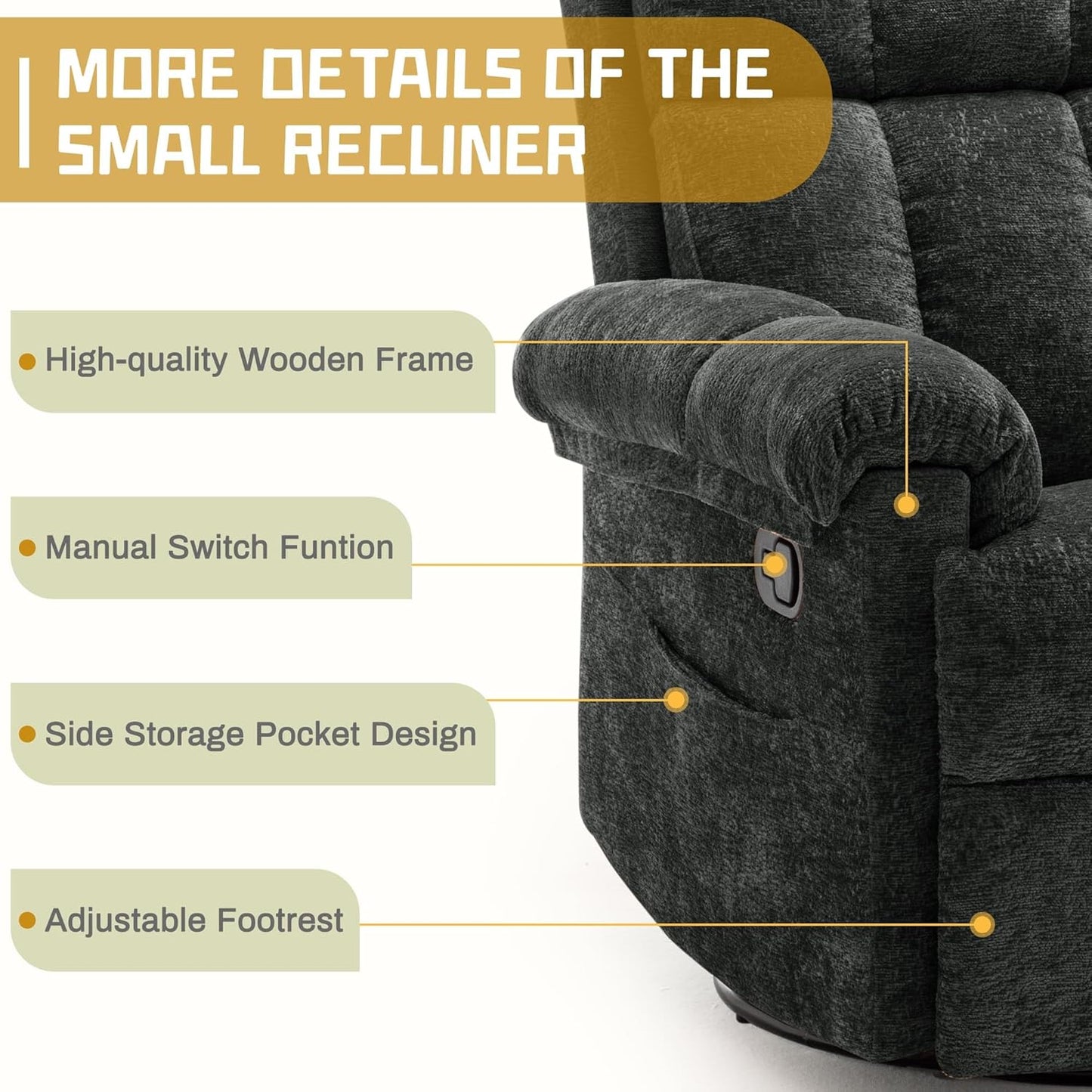 Korser Recliner Chair, Swivel Rocker Recliner Chair for Adults, Small Recliners for Small Spaces, Upholstered Manual Recliner with Side Pockets, Nursery Rocking Chair for Living Room, Chenille, Beige