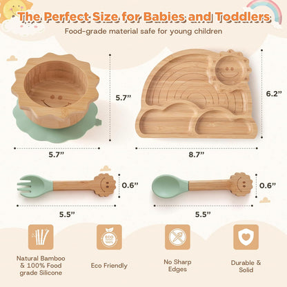 Bamboo Suction Plates Bowls Set for Baby Toddler - Includes Bamboo Bowl, Divided Plate, Silicone Fork & Spoon, All-Natural Baby Feeding Set for Baby-Led Weaning