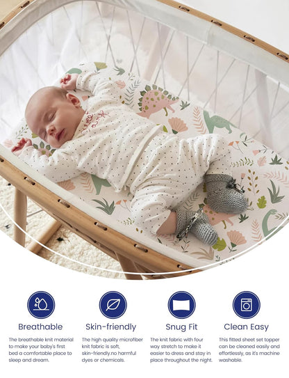 TotAha Premium Stretchy Bassinet Sheets for Baby Girl, Silky Comfort Cradle Sheets Fitted 18 x 36 for Oval, Rectangular, Hourglass Mattress, Hypoallergenic, Buttery Soft 2-Pack (Floral & Pale Pink)