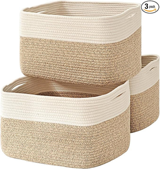 ICERZCZ Large Storage Baskets for Organizing Shelves, Woven Cotton Rope Bins for Baby Nursery Organization, Book Toy Towel Organizer, 17"x13"x9.5", 3 Packs, Off White & Brown