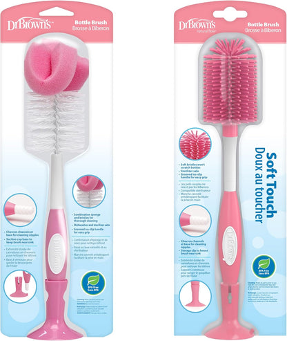 Dr. Brown's Reusable Sponge Baby Bottle Cleaning Brush with Suction Cup Stand, Scrubber and Nipple Cleaner, Pink 1-Pack