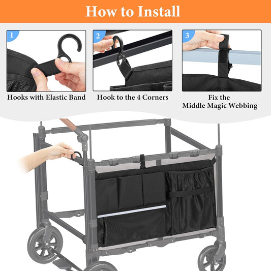 Stroller Wagon Cargo Net, Wagon Accessories Organizer Compatible with WONDERFOLD W-Series Models, Large Capacity Mesh Cargo Storage Bag with Sorting Pockets Compatible with Keenz Wagon, Black