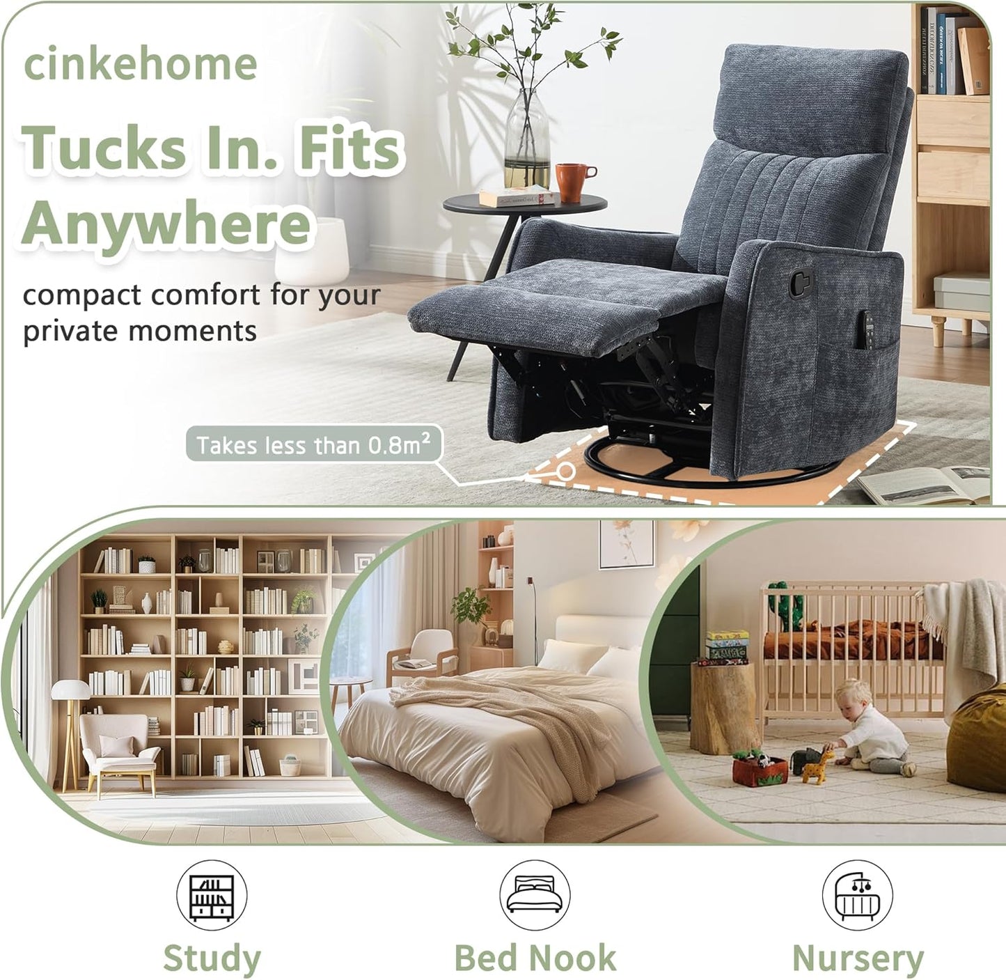 cinkehome Swivel Rocker Recliner, Glider Rocker Recliner Chair for Nursery, Manual Reclining Chair with Heated Massage, Small Spaces, Living Room, Khaki Chenille
