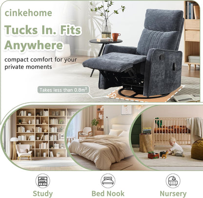 cinkehome Swivel Rocker Recliner, Glider Rocker Recliner Chair for Nursery, Manual Reclining Chair with Heated Massage, Small Spaces, Living Room, Khaki Chenille