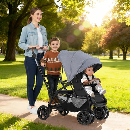INFANS Sit and Stand Double Stroller, Foldable Tandem with Standing Platform Reclining Backrest, Adjustable Handlebar and Footrest, Storage Basket 5-Point Harnesses, Baby Pushchair for Toddlers