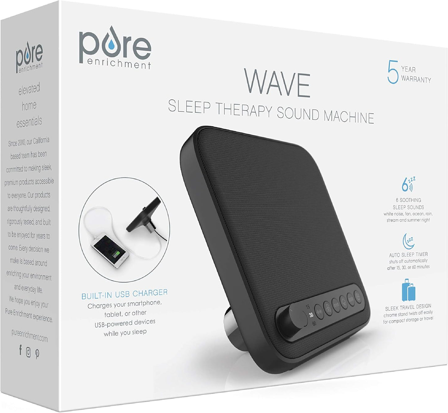 Pure Enrichment Wave Premium Sleep Sound Machine with USB Charger - Seamless Looping with 6 Soothing All-Natural Sounds, & Auto-Off Timer - Easily Portable for Travel (White) Patented Design