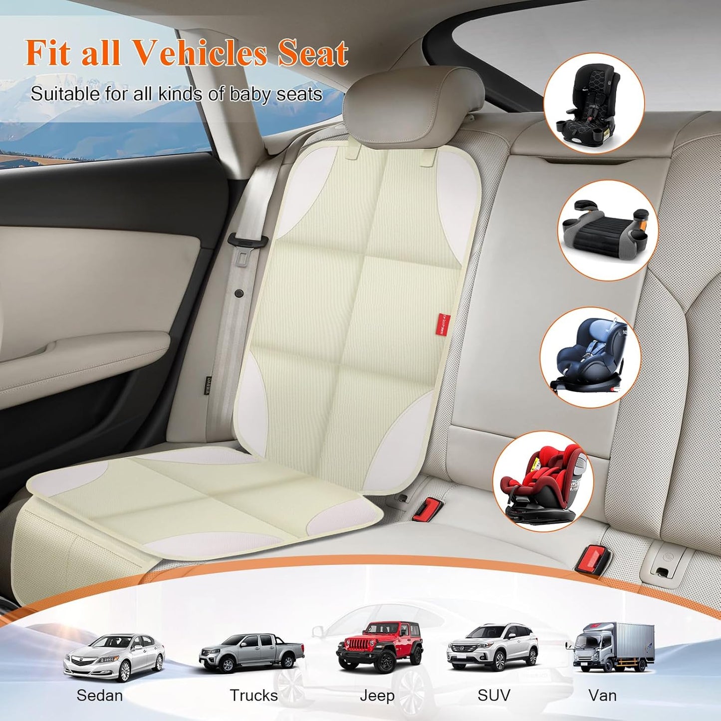 Car Seat Protector, Carseat Seat Protectors with Thick Padding and Upgraded Non-Slip Backing, Waterproof Seat Protector under Baby Car Seat, 600D Fabric Car Seat Covers with Storage Pockets for Baby