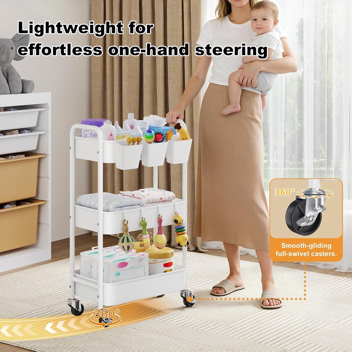 3 Tier Rolling Cart Metal with Lockable Wheels, Pink Three Tiered Diaper Caddy Cart Organizer on Wheels, Storage Utility Trolley Carts for Craft, Art, Nail, Lash, Baby Supplies, Cleaning, Mesh
