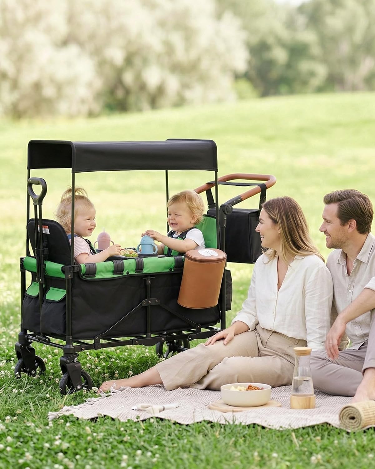 2-in-1 Wagon Stroller for Two Kids – Foldable Push & Pull All‑Terrain Wagon with Canopy, 5‑Point Harnesses, 2-in-1 Storage Bag (Converts to Shoulder Bag), Lightweight, Compact – Black