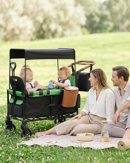 2-in-1 Wagon Stroller for Two Kids – Foldable Push & Pull All‑Terrain Wagon with Canopy, 5‑Point Harnesses, 2-in-1 Storage Bag (Converts to Shoulder Bag), Lightweight, Compact – Black