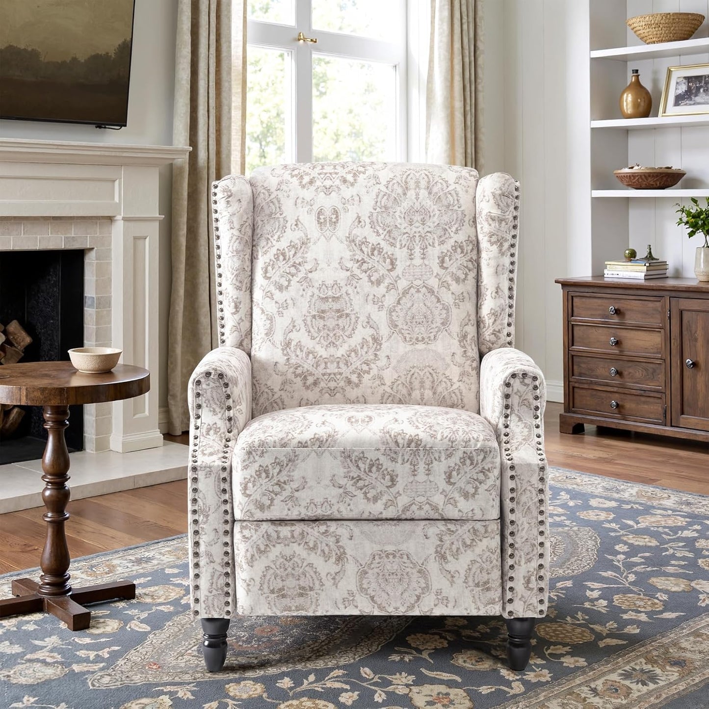 Swivel Rocker Recliner Chair, Manual Nursery Glider Recliner, Floral Fabric Wingback Accent Chair with Adjustable Backrest & Footrest for Small Spaces Living Room Bedroom (Plants Floral, Set of 1)