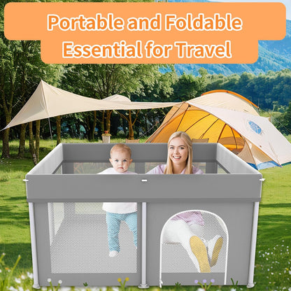 Foldable Large Baby Playpen 71"×71", Portable Playard for Babies & Toddlers, Lightweight Safety Baby Fence, No Installation, Indoor & Outdoor Playpen with 150 Ocean Balls, Beige