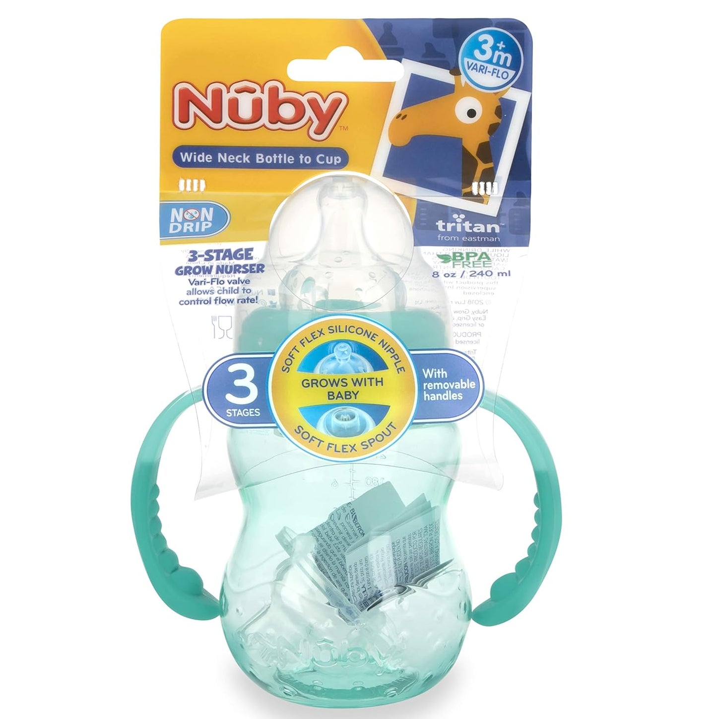 Nuby 3 in 1 Baby Bottle to Training Sippy Cup - 8 Oz Toddler Cups Spill Proof with Soft Spout, Nipple & Removable Grip Handles - Dishwasher Safe - Blue