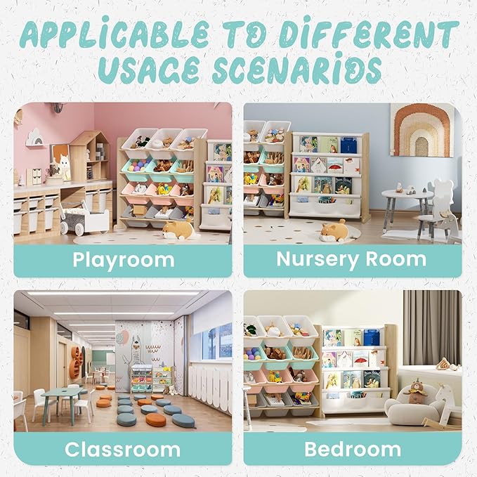 EXPERLAM Kids Toy Storage Organizer with Bookshelf - 12 Multi-Color Bins and 4 Book Shelves, Organizers and Storage for Playroom, Nursery, Room, Burlywood