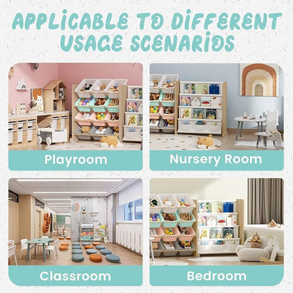 EXPERLAM Kids Toy Storage Organizer with Bookshelf - 12 Multi-Color Bins and 4 Book Shelves, Organizers and Storage for Playroom, Nursery, Room, Burlywood