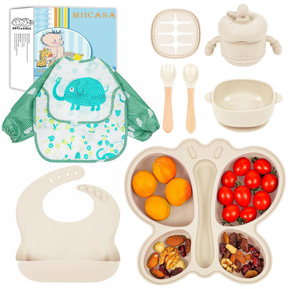 Silicone Baby Feeding Set, Baby Led Weaning Supplies, Baby Food Tableware Silicone Suction Plate, Bowl, Spoons, Fork, Waterproof Bib, Cup & Complementary Food Cake Mold, Baby Eating Utensils