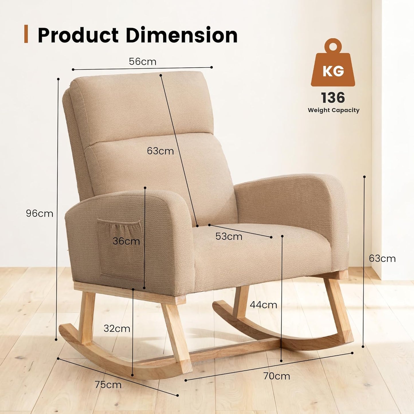Rocking Chair Nursery - Glider Modern Accent Chairs Upholstered Nursing Rocker Padded Armchair for Indoor Living Room Bedroom Beige
