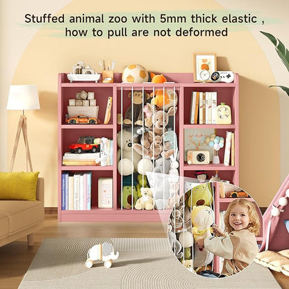 Toddler Stuffed Animal Zoo, Toy Storage Organizer for Playroom, Plush Toy Organizers and Storage, Book Shelf for Kids Rooms, Elastic Band Child Bookcase, Toy Shelf with 8 Storage Cubbies (Pink)