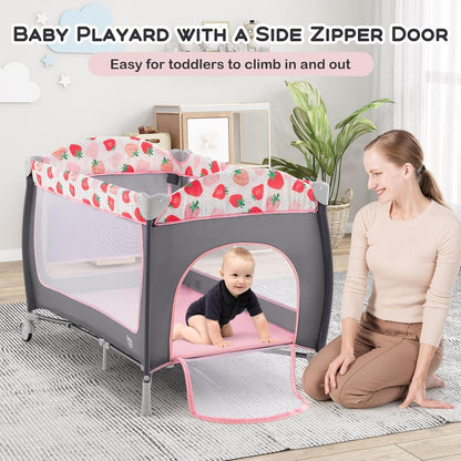 BABY JOY 4 in 1 Pack and Play, Portable Baby Playard with Bassinet, Side Zipper Door, Changing Table, Indoor Outdoor Travel Nursery Center w/Hanging Bar, Lockable Wheels, Carry Bag