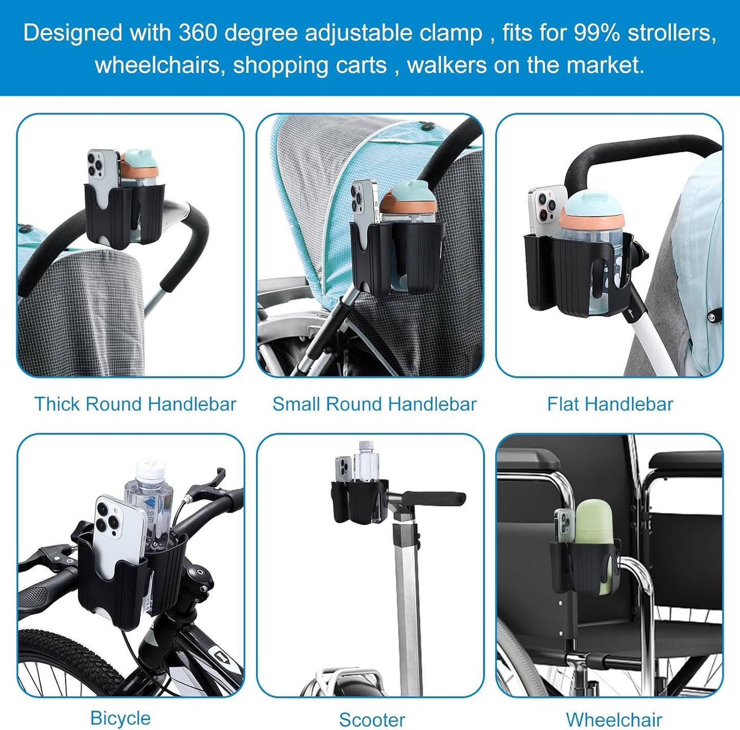 Accmor Universal Cup Holder, Stroller Cup Holder with Phone Holder, 360° Rotatable Large Caliber Designed Bottle Holder for Stroller, Bike, Wheelchair, Walker, Scooter