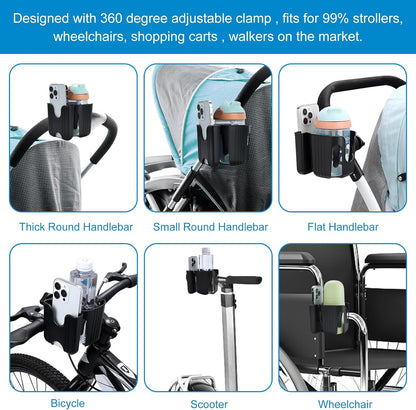 Accmor Universal Cup Holder, Stroller Cup Holder with Phone Holder, 360° Rotatable Large Caliber Designed Bottle Holder for Stroller, Bike, Wheelchair, Walker, Scooter