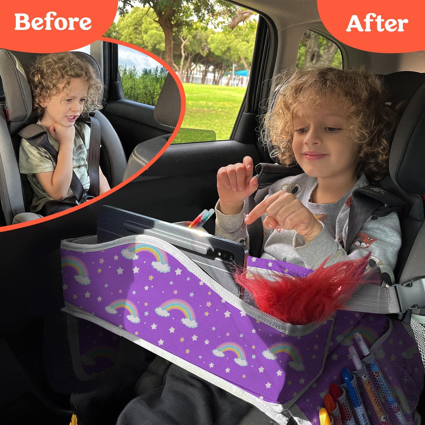 PILLANI Kids Travel Tray for Car Seat - Carseat Tray w/ iPad Holder & Dry Erase Board, Road Trip Activities - Toddler Lap Desk Organizer for Airplane - Roadtrip & Travel Essentials - Pack of 2, Pink