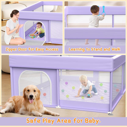 Baby Playpen with Mat - 79"x71" Extra Large Play Pens for Babies and Toddlers Indoor Safety Baby Fence with Soft Breathable Mesh - All-Wrapped Sponge Sturdy Play Yard with Handle & Bag Purple