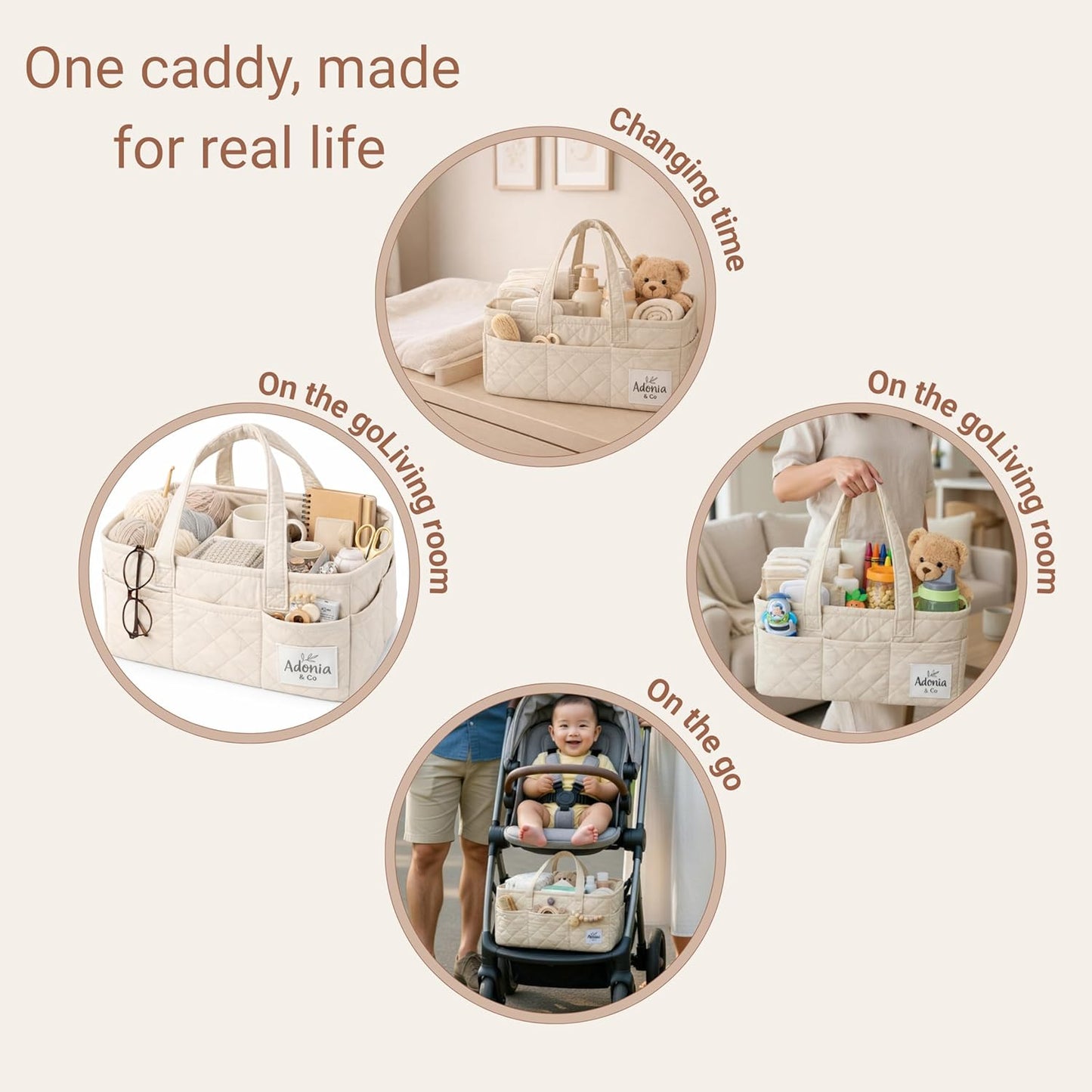 Adonia & Co Diaper Caddy Organizer – Nursery Storage Basket for Newborn Essentials Must Haves & Baby Must Haves – Portable, Machine Washable Baby Diaper Bag Organizer (Brown)