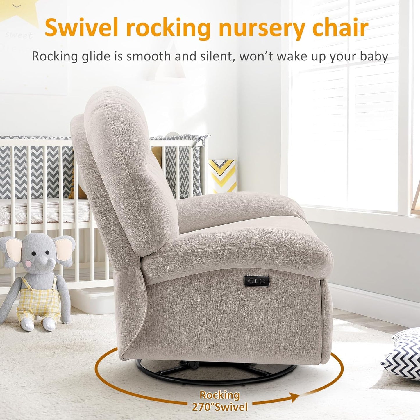 VANOMi Power Recliner Chair with USB & Type-C Charging, 270° Swivel Glider Rocker, Electric Nursery Recliner for Living Room, Bedroom, and Office, White