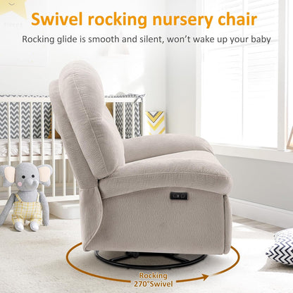 VANOMi Power Recliner Chair with USB & Type-C Charging, 270° Swivel Glider Rocker, Electric Nursery Recliner for Living Room, Bedroom, and Office, White