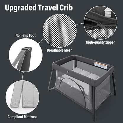Travel Crib, Portable Crib for Baby, Pack and Play for Babies and Toddler, Lightweight Backpack Design,Foldable Travel Baby Playpen with Mattress(Dark Grey)
