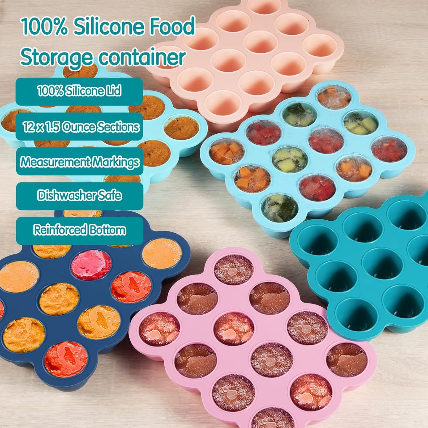 12x1.5oz Baby Food Storage Containers, Baby Food Freezer Tray with Clip Lid Gossamer Pink, Food Grade Silicone Freezer Trays for Purees & Vegetables