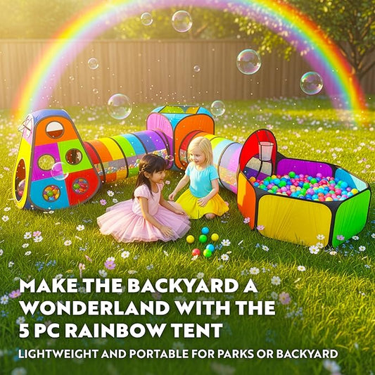 Playz 5pc Kids' Play Tents & Tunnels - Ball Pit for Toddlers, Basketball Hoop, Crawling Tubes, Pop-Up Playhouses, Baby Obstacle Course for Indoor or Outdoor Use