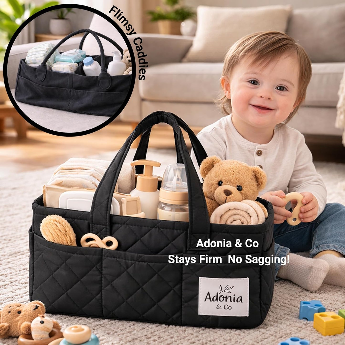Adonia & Co Diaper Caddy Organizer – Nursery Storage Basket for Newborn Essentials Must Haves & Baby Must Haves – Portable, Machine Washable Baby Diaper Bag Organizer (Brown)
