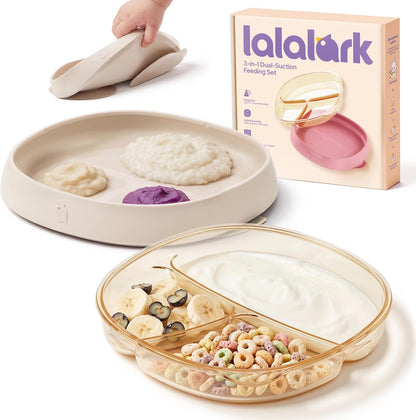 3-in-1 Baby Suction Plates for Toddlers 6-36 Months - Premium Bottle-Grade PPSU Silicone Divided Dishes, Stage-Based Self-Feeding Supplies, BPA Free Stain & Odor Resistant, Microwave Dishwasher Safe