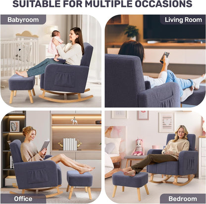 HCHAIRH Nursery Rocking Chair with Ottoman, Upholstered Glider Rocker with High Backrest Side Pocket, Rocking Accent Armchair with Solid Wood Legs for Nursery, Living Room, Bedroom, Light Grey