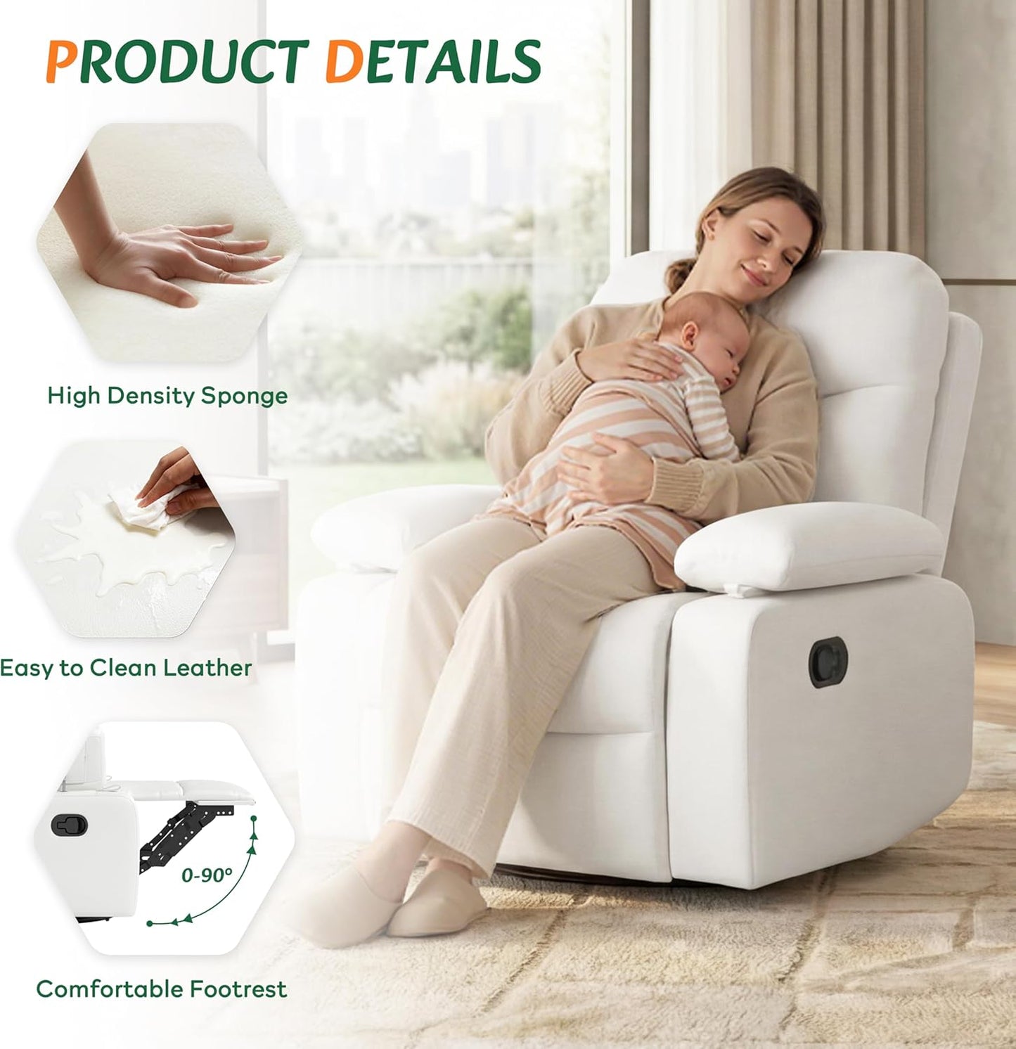 Nursery Glider Recliner with Adjustable Armrests, Oversized Comfortable Nursing Chair for Breastfeeding Moms, 360°Swivel, 90°-160° Recline, Quiet Rocking Chair Nursery for Living Room, White