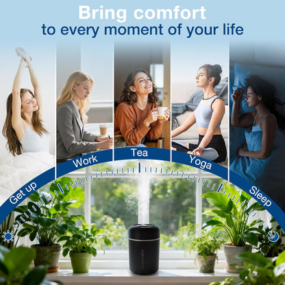 Portable Mini Humidifier, 300ml USB Cool Mist Small Humidifier with Colorful Lights. Perfect for Bedroom, Office, Plants, travel & Car (White)