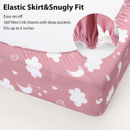 Baby Mini Crib Sheets Girl, Portable 38”x26” Pack and Play Sheets Fitted for Playard and Pack N Play Mattress, 3-Pack Soft Microfiber Pink Rainbow