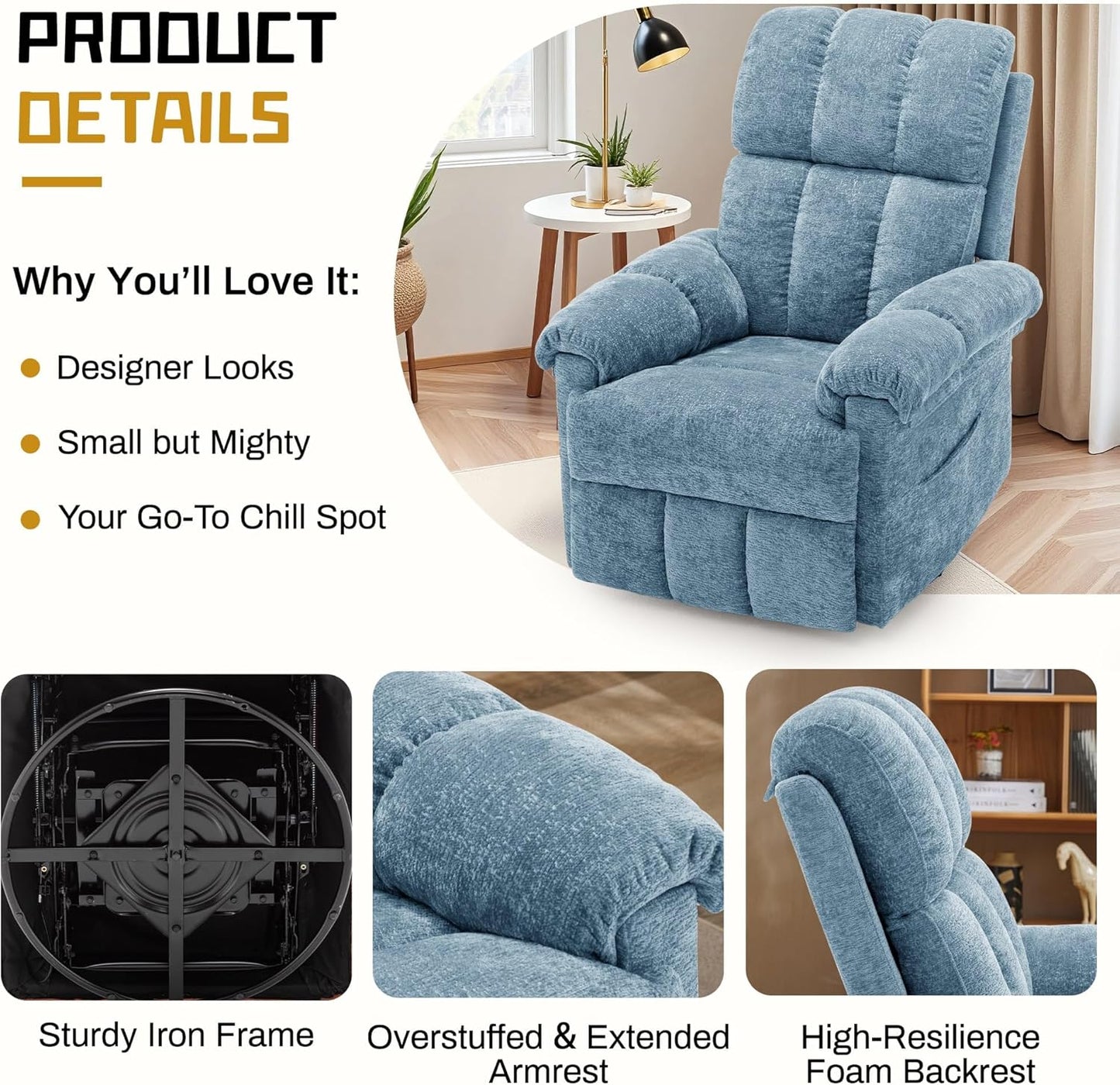 Korser Recliner Chair, Swivel Rocker Recliner Chair for Adults, Small Recliners for Small Spaces, Upholstered Manual Recliner with Side Pockets, Nursery Rocking Chair for Living Room, Chenille, Beige