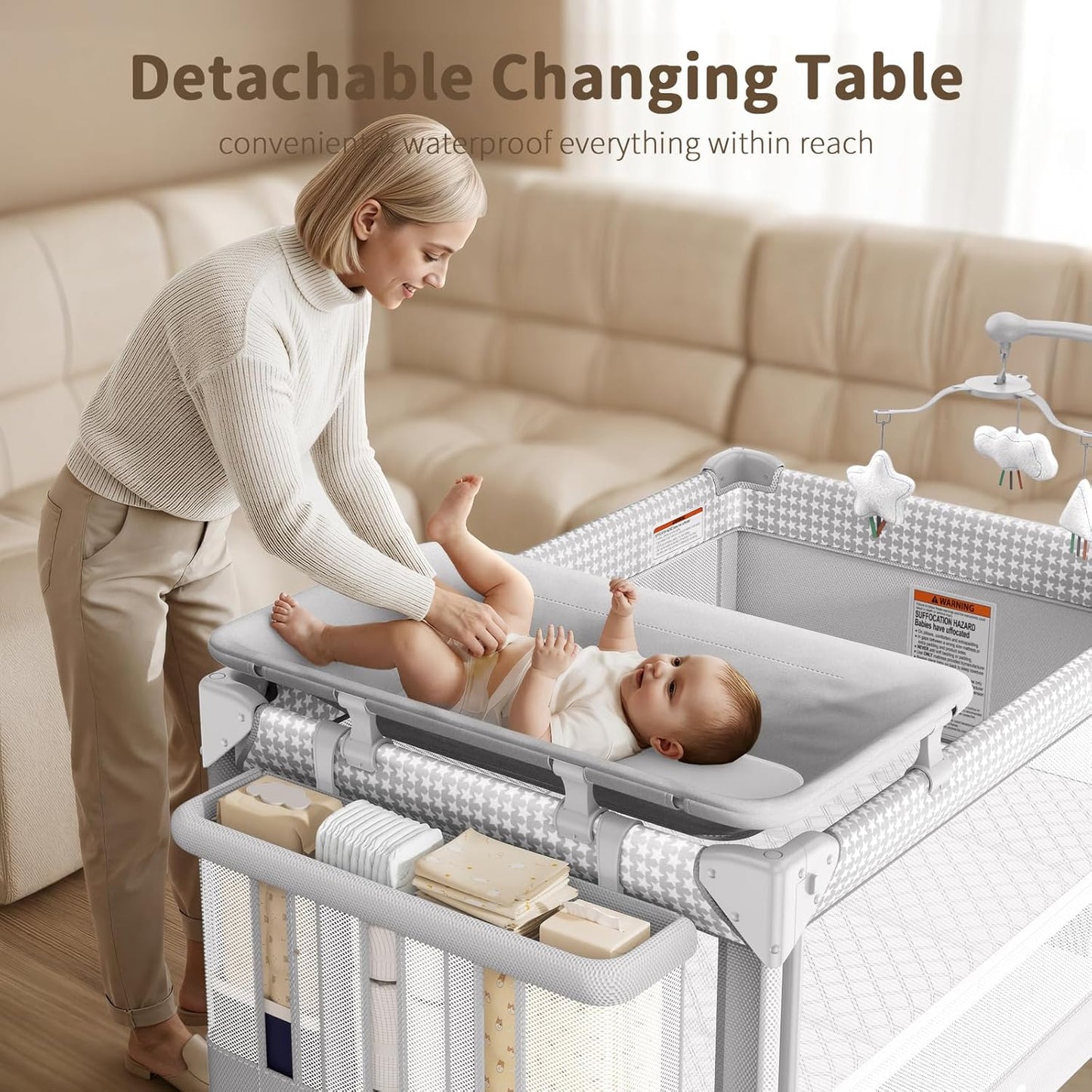 GAIVE 4 in 1 Baby Bassinet, One-Push Setup Pack and Play, Bedside Crib Sleeper with 3 Height Adjustable，Diaper Changer, Come with Comfy Mattress, Rotating Toy Bar, from Infants to Toddlers (Grey)