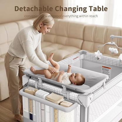 GAIVE 4 in 1 Baby Bassinet, One-Push Setup Pack and Play, Bedside Crib Sleeper with 3 Height Adjustable，Diaper Changer, Come with Comfy Mattress, Rotating Toy Bar, from Infants to Toddlers (Grey)