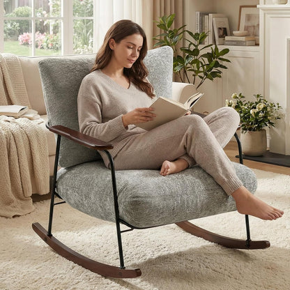 Rocking Chair Nursery Upholstered Glider Chair with Armrests Wood Legs for Relaxing, Comfortable Lounge Armchair Chenille Fabric for Living Room Bedroom, Gray