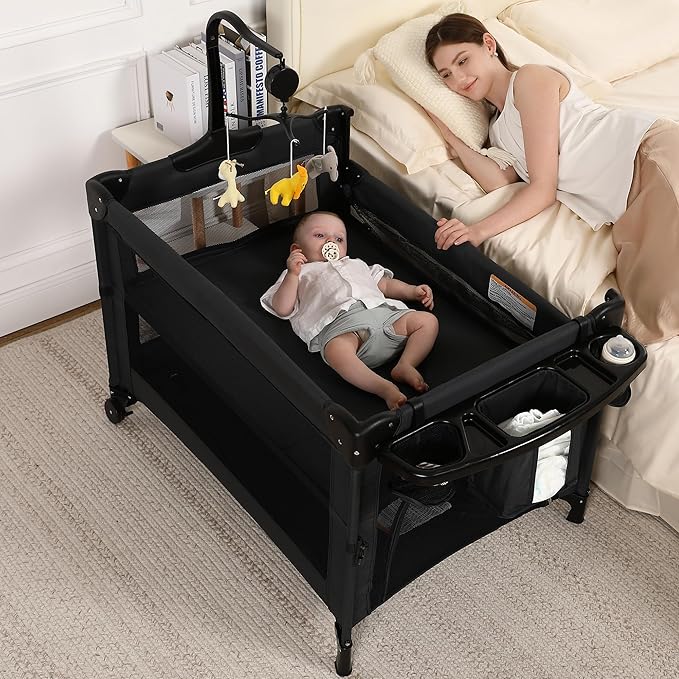 Pack and Play, 4 in 1 Baby Playard – Portable Crib, Bassinet, Bedside Sleeper, Changing Table & Playpen | Breathable Mesh | Safe & Foldable for Newborns to Toddlers (Black)
